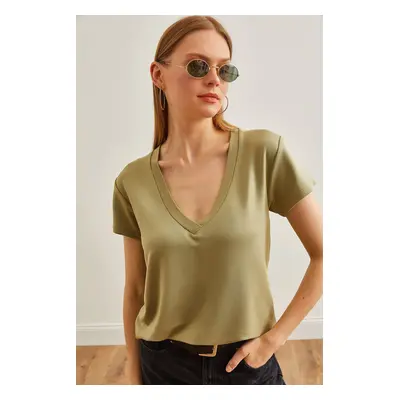 Olalook Women's Khaki Deep V Neck Modal Button T-Shirt