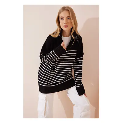 Happiness İstanbul Women's Black Zipper High Neck Striped Long Oversize Sweater