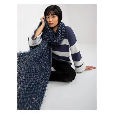 Women's winter knitted scarf in gray and dark blue color