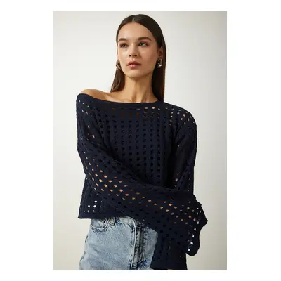 Happiness İstanbul Women's Navy Blue Openwork Crop Knitwear Sweater