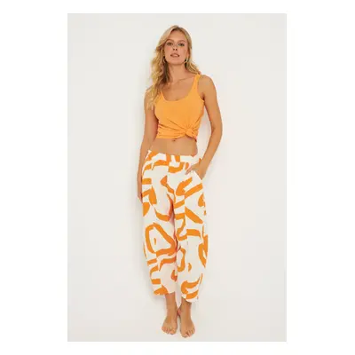 Cool & Sexy Women's Ecru-Orange Patterned Linen Shalwar Trousers K1253