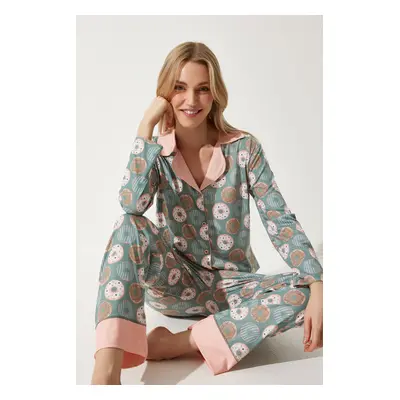 Happiness İstanbul Women's Green Patterned Shirt-Pants Knitted Pajama Set