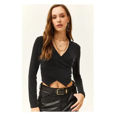 Olalook Women's Black Wrapover Shimmer Detail Crop Blouse