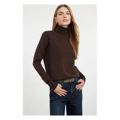 Trendyol Dark Brown Wool Wide Pattern Turtleneck Knitwear Sweater