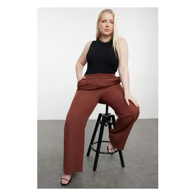 Trendyol Curve Brown Wide Leg / Wide Leg Woven Plus Size Fabric Trousers