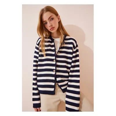 Happiness İstanbul Women's Ecru Navy Blue Waistband Striped Knitwear Cardigan