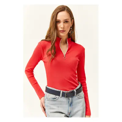 Olalook Women's Pomegranate Blossom Zipper Turtleneck Lycra Blouse