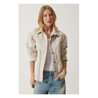 Happiness İstanbul Women's Cream Wide Pocket Oversize Gabardine Jacket