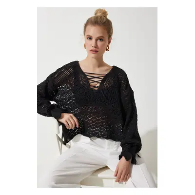 Happiness İstanbul Women's Black Cross String Summer Openwork Knitwear Sweater