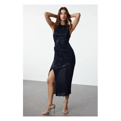 Trendyol Navy Blue Fitted Knitted Shiny Sequin Sequined Elegant Evening Dress