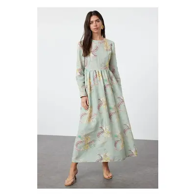 Trendyol Mint Floral Linen Look Woven Dress