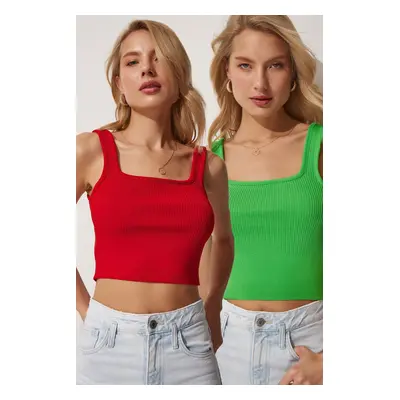 Happiness İstanbul Women's Red Green Pieces Summer Tricot Crop Blouse