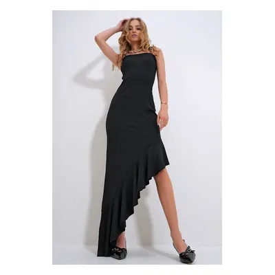 Trend Alaçatı Stili Women's Black Adjustable Strap Skirt Flywheel Asymmetrical Cut Dress