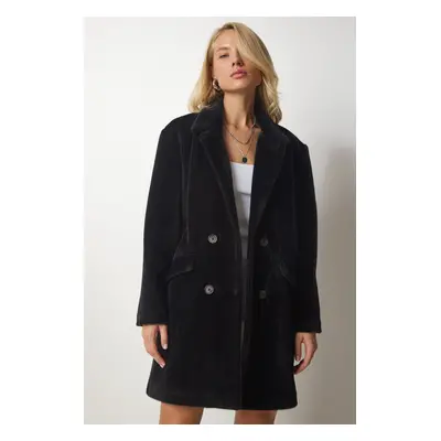 Happiness İstanbul Women's Black Rabbit Hair Look Oversize Coat