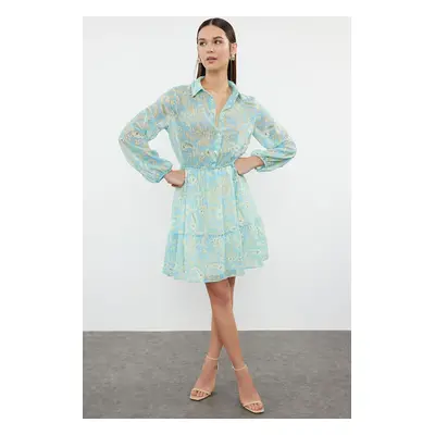 Trendyol Green Paisley Patterned A-Line Shirt Collar Mini Chiffon Lined Woven Dress