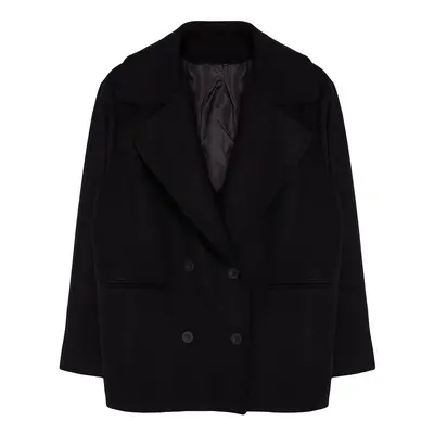 Trendyol Curve Black Regular Fit Double Breasted Closure Wool Blend Stretch Coat