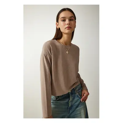 Happiness İstanbul Women's Dark Beige Soft Textured Crop Knitted Blouse