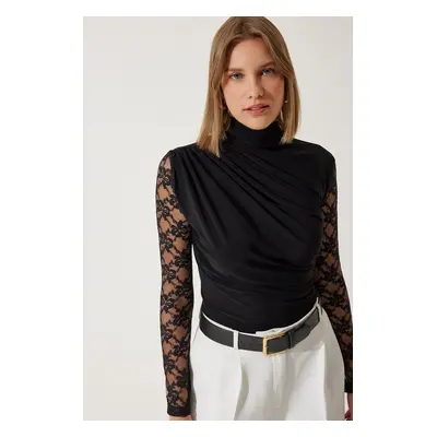 Happiness İstanbul Women's Black Lace Sleeve Gathered Knitted Blouse