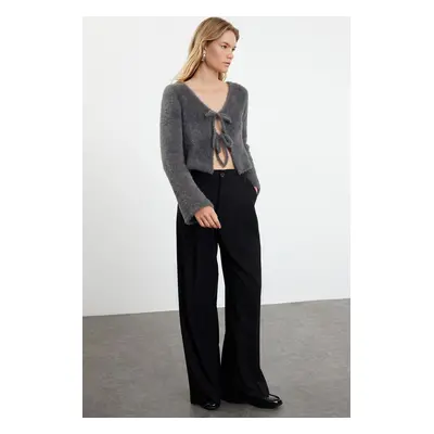 Trendyol Anthracite Crop Feather Tie Detailed Knitwear Cardigan