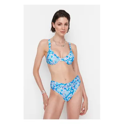 Trendyol Blue Floral Pattern High Waist Bikini Bottom