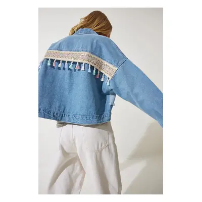 Happiness İstanbul Women's Medium Blue Tassel Detailed Crop Denim Jacket