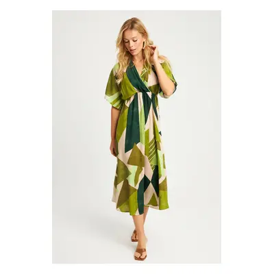 Cool & Sexy Women's Khaki Patterned Double Breasted Midi Dress HT108