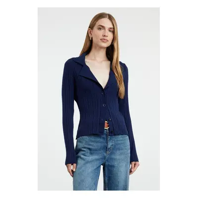 Trendyol Navy Blue Premium Yarn/Special Yarn Polo Neck Knitted Cardigan