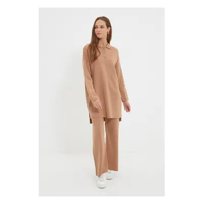 Trendyol Camel Polo Collar Tunic-Pants Knitwear Suit