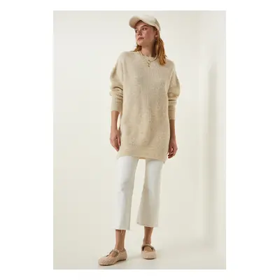 Happiness İstanbul Cream Oversize Long Basic Knitwear Sweater