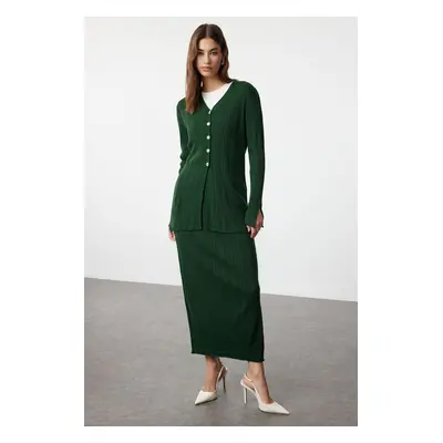 Trendyol Emerald Green Ribbed Knitted Sweater Cardigan Skirt Top-Bottom Set