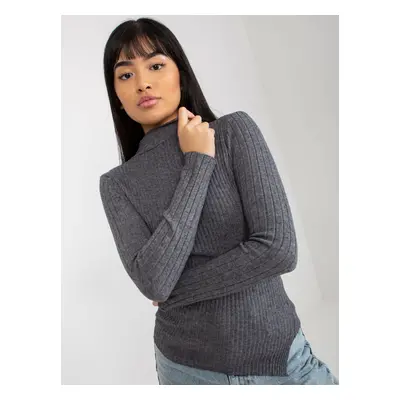 Dark grey ribbed asymmetrical sweater with stand-up collar