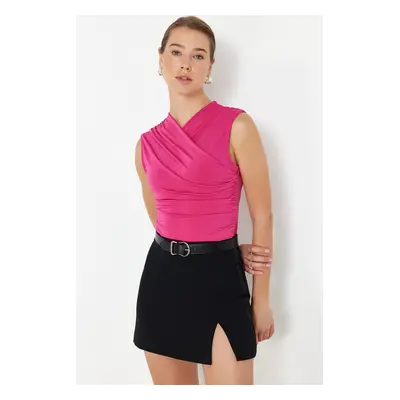 Trendyol Fuchsia Fitted Gather Detailed Sleeveless Stretchy Knitted Blouse