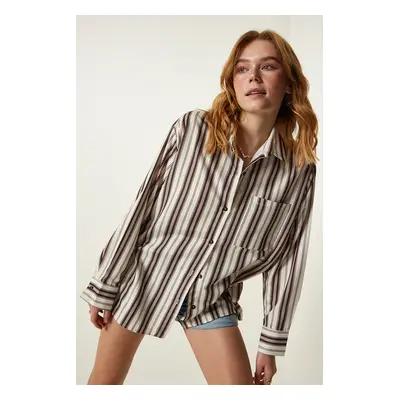 Happiness İstanbul Women's Cream Brown Striped Oversize Knitted Shirt