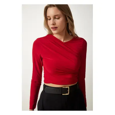 Happiness İstanbul Women's Red Gathered Detailed Crop Sandy Blouse