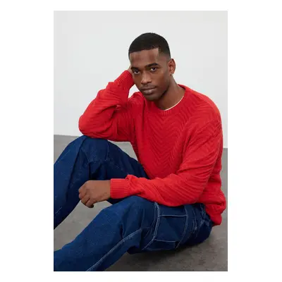 Trendyol Red Regular Crew Neck Textured Knitwear Sweater