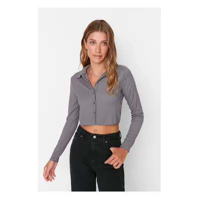 Trendyol Gray Button Fitted Polo Neck Ruffle/Textured Crop Knitted Blouse