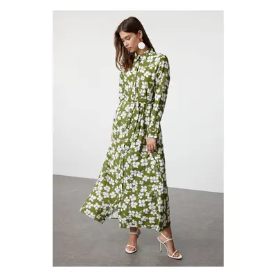 Trendyol Green Floral Patterned Belted Woven Dress