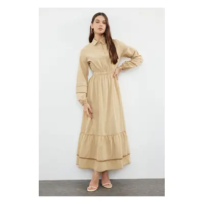 Trendyol Dark Beige Stripe Detailed Half Patchwork Cotton Woven Dress