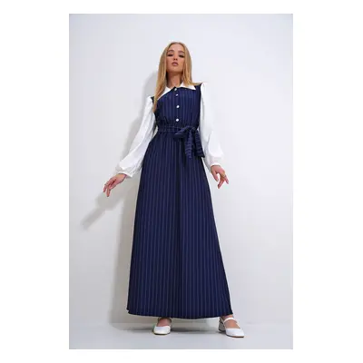 Trend Alaçatı Stili Women's Navy Blue Shirt Collar Button Detailed Striped Hijab Dress