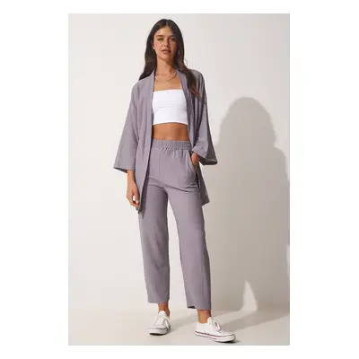 Happiness İstanbul Women's Stone Gray Kimono and Pants, Knitted Set