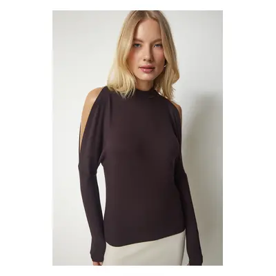 Happiness İstanbul Women's Dark Brown High Neck Decollete Knitwear Blouse