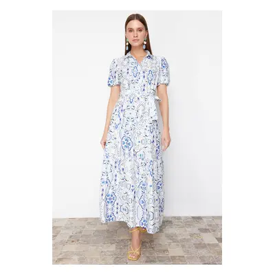 Trendyol Blue Wide Cut Shirt Collar Maxi Woven Dress