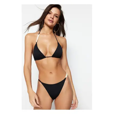 Trendyol Black Triangle Accessorized Textured Bikini Top