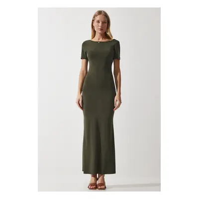 Happiness İstanbul Women's Khaki Low-cut Long Sandy Knitted Dress