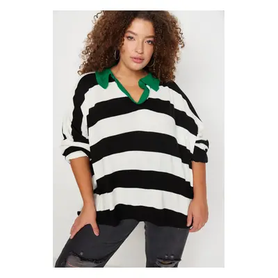 Trendyol Curve Green Polo Neck Striped Knitwear Sweater