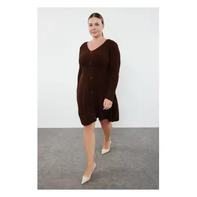 Trendyol Curve Dark Brown V-Neck Knitwear Dress