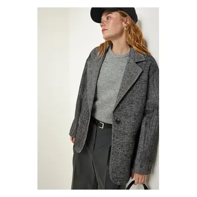 Happiness İstanbul Gray Premium Herringbone Oversize Blazer Jacket