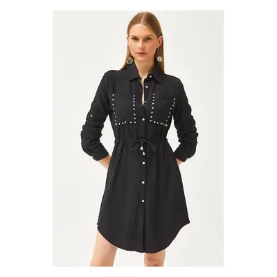 Olalook Women's Black Pocket Tie Waist Stone Detailed Shirt Dress