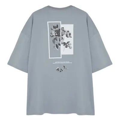 Trendyol Gray Plus Size Oversize Comfortable Floral Printed 100% Cotton T-Shirt