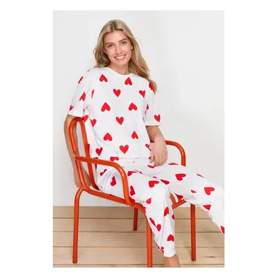 Trendyol White 100% Cotton Heart Knitted Pajama Set